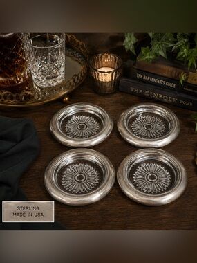 Vintage Sterling Silver Glass Coaster Set Mid Century Hollywood Regency Barware
